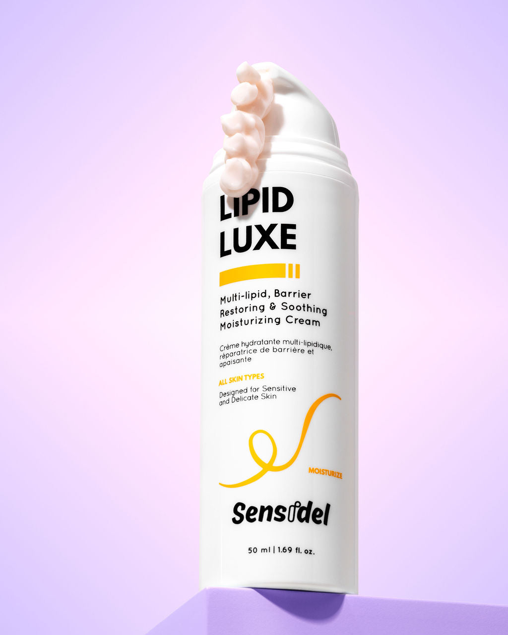 Lipid Luxe moisturizing cream with Sensidel branding on a purple background