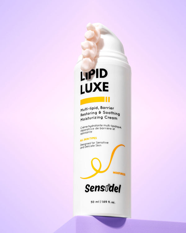 Lipid Luxe moisturizing cream with Sensidel branding on a purple background